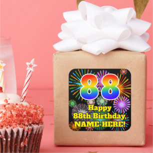 88. Geburtstag: Fun Fireworks Look, Rainbow # 88 Quadratischer Aufkleber