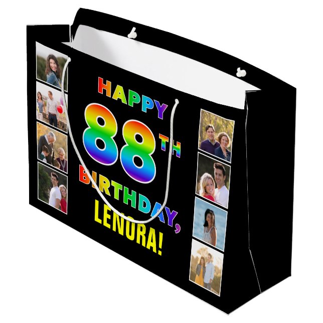 88. Geburtstag: Regenbogentext, benutzerdefinierte Große Geschenktüte (Rückseite Schrägansicht)