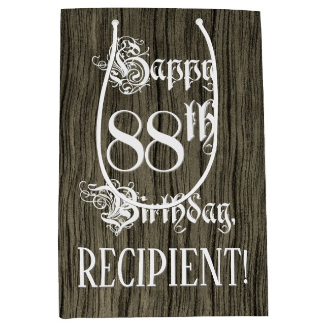 88th Birthday: Fancy, Faux Wood Look + Custom Name Mittlere Geschenktüte (Vorderseite)