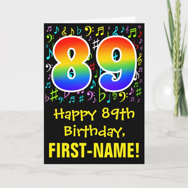 89. Geburtstag: Farbige Musiksymbole + Regenbogen  Karte (Vorderseite)