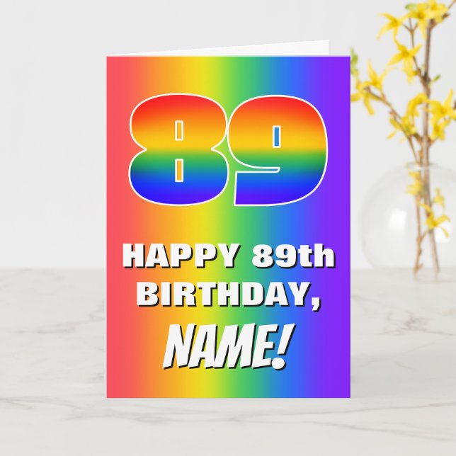 89. Geburtstag: Farbiges, lustiges Regenbogenmuste Karte (Gelbe Blume)