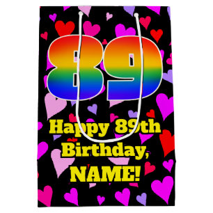 89. Geburtstag: Loving Hearts Pattern, Regenbogen  Mittlere Geschenktüte