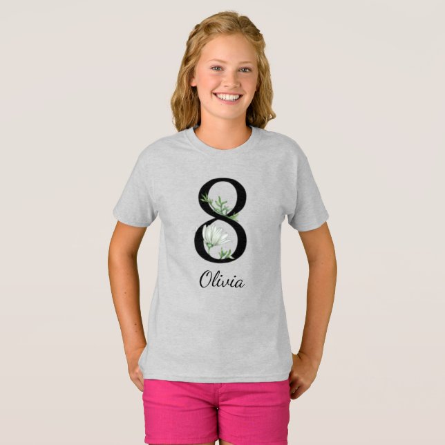 8 Anniversaire Floral Nom personnalisé T-shirt (Devant entier)