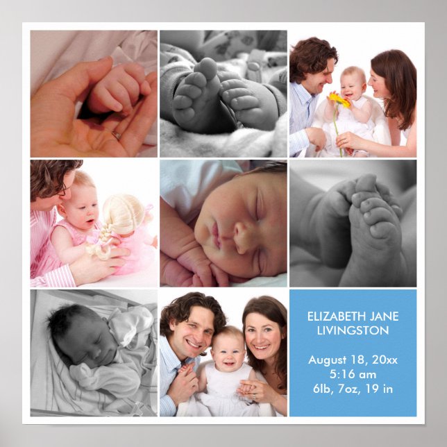 8-Baby-Foto, moderne Collage, blau, weiß Poster (Vorne)
