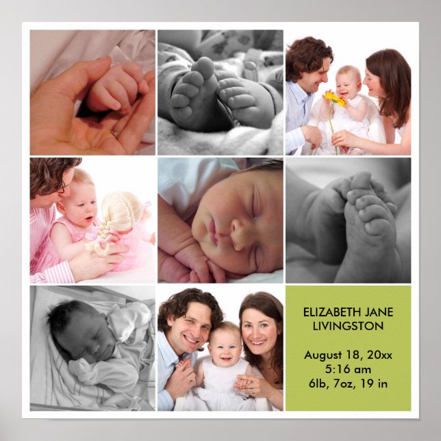 8-Baby-Foto, moderne Collage, grüne, weiße Grenze Poster (Vorne)