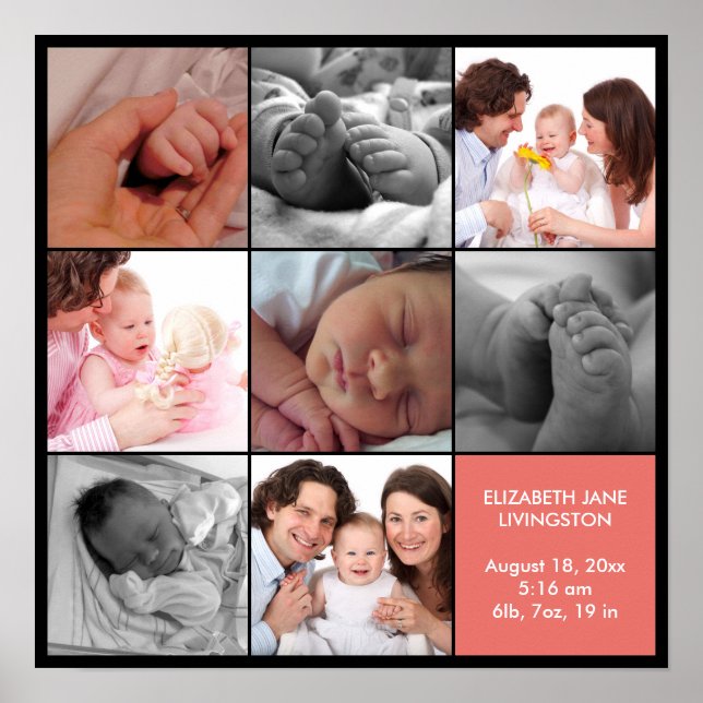8-Baby-Foto moderne Collage rosa schwarze Grenze Poster (Vorne)