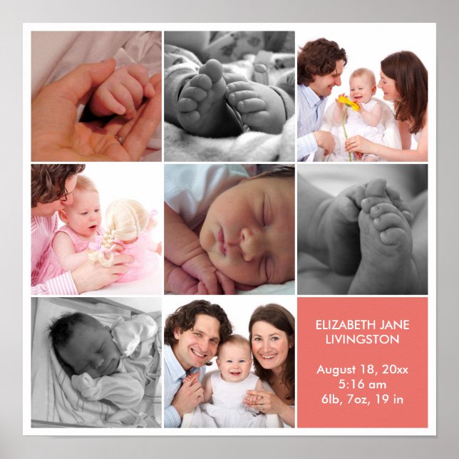 8-Baby-Foto moderne Collage rosa, weiße Grenze Poster (Vorne)