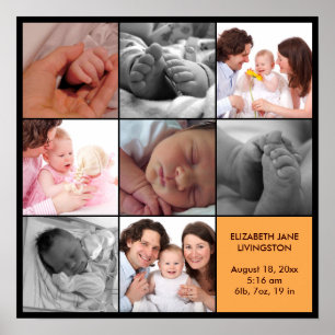 8 baby photo modern collage yellow black border poster