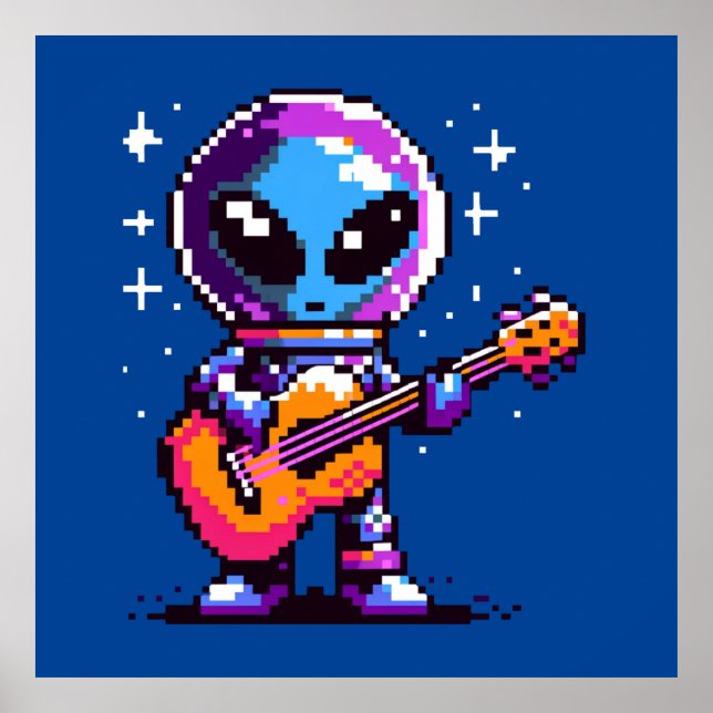 8-Bit-Alien-Gitarrist - Retro Pixel Space Music Poster (Vorne)