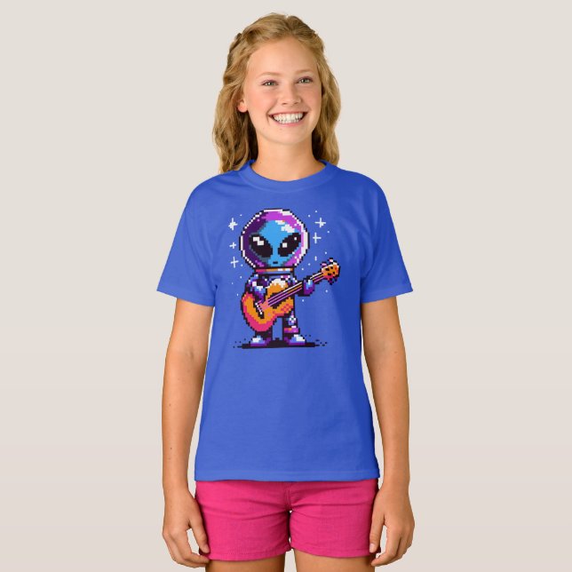 8-Bit-Alien-Gitarrist - Retro Pixel Space Music T-Shirt (Vorne ganz)
