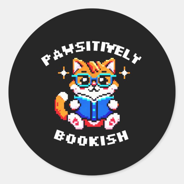 8-Bit Bookish Cat Sticker - Retro Gamer & Reading (Vorderseite)