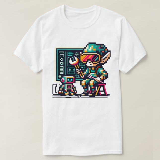 8-Bit Cyberpunk Elf & Robot Retro Pixel Art Design T-Shirt (Design vorne)