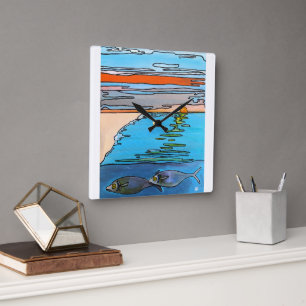 8-Bit-Ozean-Sonnenaufgang-Gemälde von Alfred Fox Quadratische Wanduhr