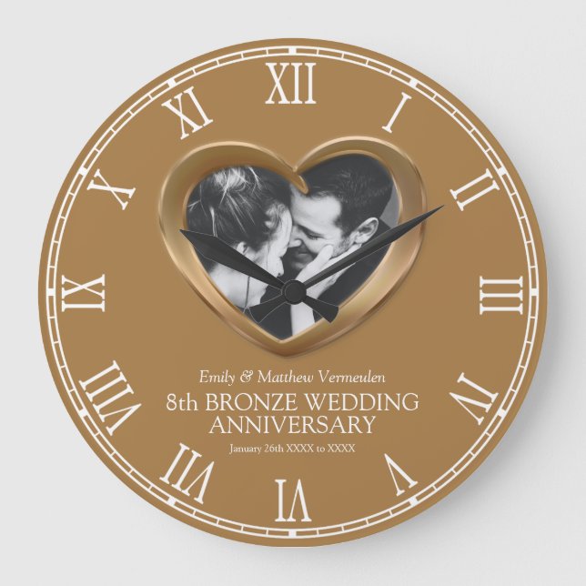 8. Bronze Hochzeitstag Foto Herz Große Wanduhr (Vorderseite)