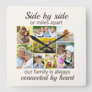 8 Familienfoto-Collage, verbunden durch das Herz Quadratische Wanduhr