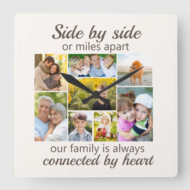 8 Familienfoto Collage verbunden mit Herz Quadratische Wanduhr (Vorderseite)