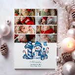 8 Foto Blue Snowman Erster Weihnachtsmann Feiertagskarte<br><div class="desc">Feiern Sie die erste Urlaubssaison Ihres Kleinen mit diesem fröhlichen Winterdesign mit einer blauen karierten Zahl, einem bezaubernden Schneemann und verstreuten Bonbons und Geschenken. Passen Sie es mit dem Foto und den Geburtsdetails Ihres Babys an, um einen Sake zu schaffen, der Ihren Erinnerungen Charme und Magie verleiht.</div>