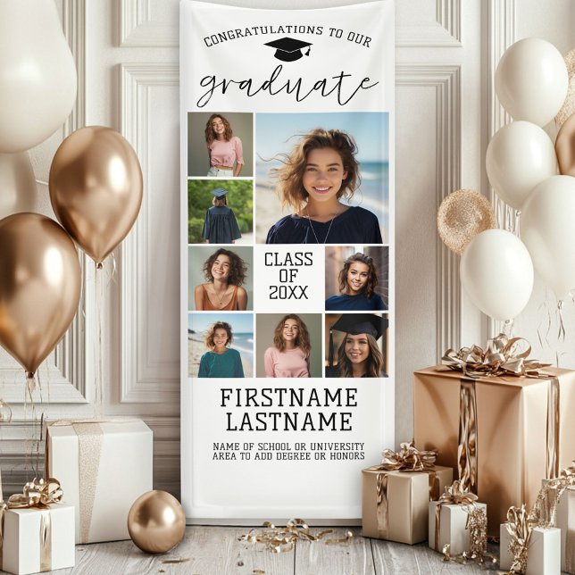 8 Foto Collage Abschluss Moderner Minimaler Weißer Banner (Custom Graduation Photo Banner - Great backdrop and Graduation Party Decoration)