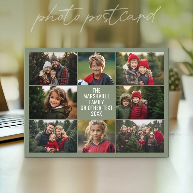 8 Foto-Collage - Benutzerdefinierter Text - Grüner Postkarte (Photo Postcard that You Can Customize with your favorite photos - Modern, minimal design)