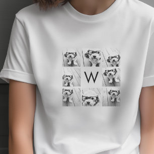 8 Foto Collage Custom Monogramm Schwarz und Weiß T-Shirt