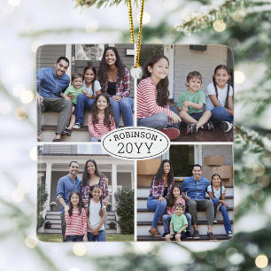 8 Foto Collage Familienname & Jahr Einfach Weiß Keramikornament