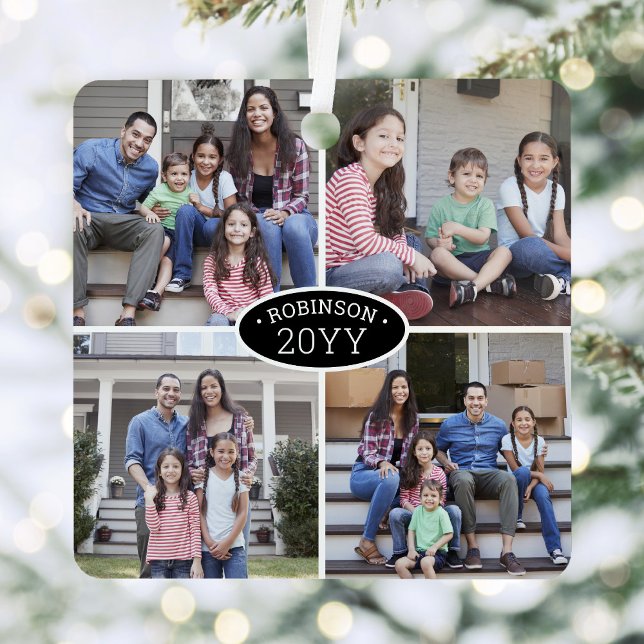 8 Foto Collage Familienname & Jahr Schwarz & Weiß Ornament Aus Metall (Von Creator hochgeladen)
