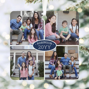 8 Foto Collage Familienname & Year Navy Blue White Ornament Aus Metall