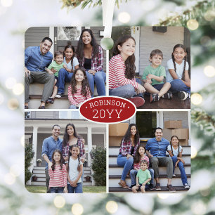 8 Foto Collage Familienname & Year Red & White Ornament Aus Metall