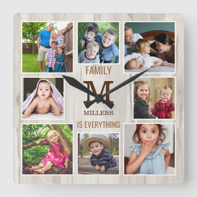 8 Foto Collage Family Zitat Naturholz Monogramm Quadratische Wanduhr (Vorderseite)