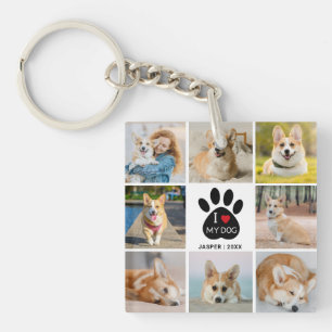 8 Foto-Collage Ich liebe meinen Hund Pfotenabdruck Schlüsselanhänger