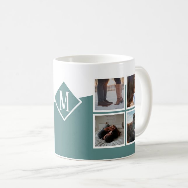 8 Foto Collage Instagram Mit Monogramm grün Kaffeetasse (VorderseiteRechts)
