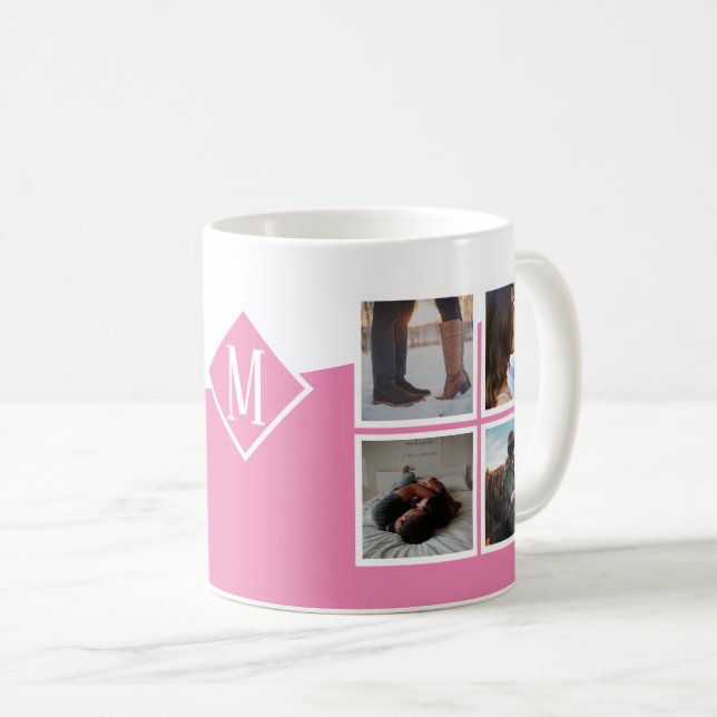 8 Foto Collage Instagramm Mit Monogramm rosa Kaffeetasse (VorderseiteRechts)