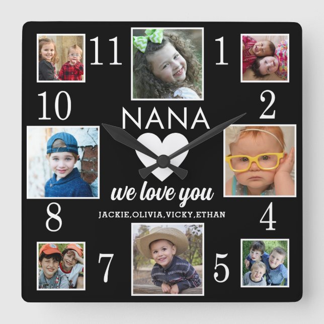 8 Foto Collage Liebe You Nana Grandkids Black Quadratische Wanduhr (Vorderseite)