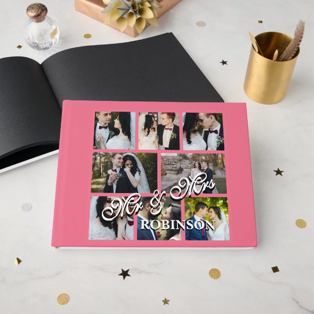 8 Foto Collage Personalisiertes Couple Gästebuch (Vorderseite Offen)