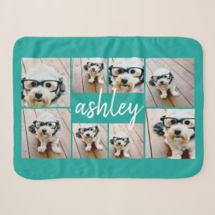 8 Foto Collage und Handgeschriebener Name blau Sherpadecke