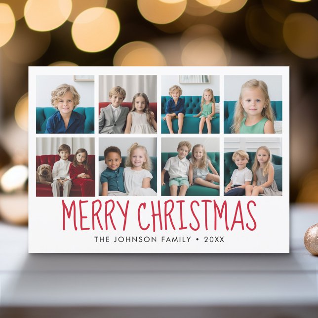 8 Foto Frohe Weihnachten Rotes Muster (Modern Holiday Greeting Card with a Family Photo)