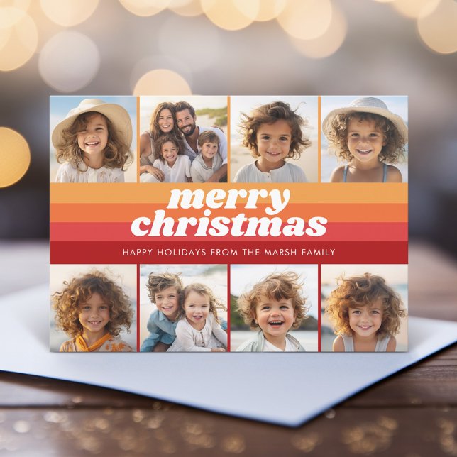 8 Foto Grenze - Frohe Weihnachten Retro Linie Art (Retro Stripe Christmas Card with 8 Photos - Vibrant Sunset Colors - Print and Download Option)