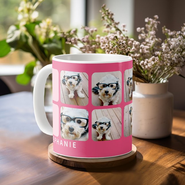8 Foto Mitte Jahrhundert Moderne FotoCollage Rosa Kaffeetasse (Mug template with a place for photos and custom text)