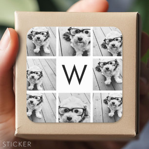 8 FotoCollage Custom Monogram Black and White Quadratischer Aufkleber