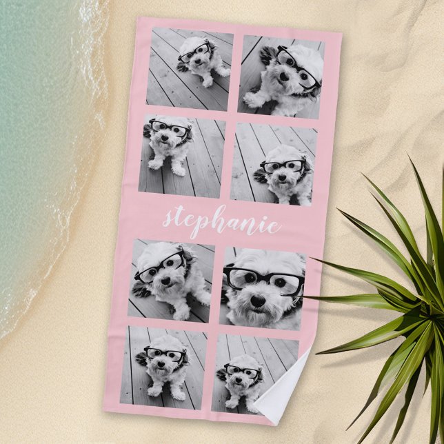 8 FotoCollage - Handgeschriebener Name Rosa Strandtuch (Personalized Beach Towel - Photo Collage -- Use Color or Black and White Photos)