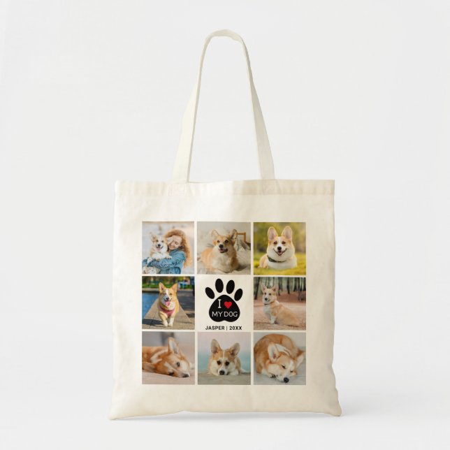 8 FotoCollage I Liebe Meine Dog Paw Print Tragetasche (Vorne)