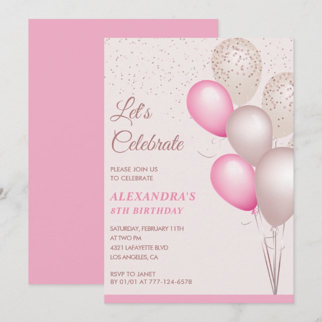 8. Geburtstag Einladungen Balloons Pink Confetti (Vorne/Hinten)