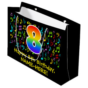 8. Geburtstag - Farbige Musiksymbole, Regenbogen 8 Große Geschenktüte