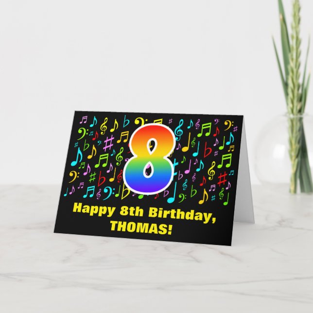 8. Geburtstag - Farbige Musiksymbole & Regenbogen  Karte (Vorderseite)