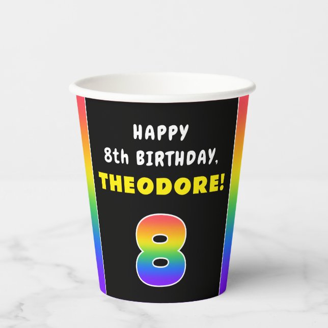 8. Geburtstag: Farbiger Regenbogen # 8, Individuel Pappbecher (Vorderseite)