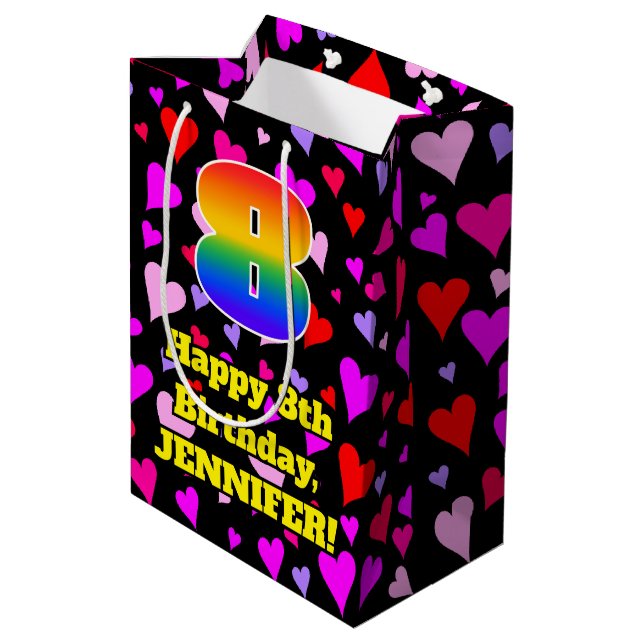8. Geburtstag: Liebesherzen-Muster, Regenbogen # 8 Mittlere Geschenktüte (Rückseite Schrägansicht)