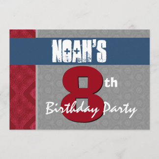 8. Geburtstag modern für ihn blaues Rot-Silber V27 Einladung