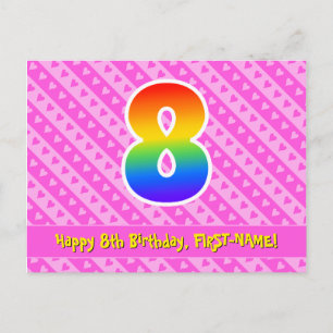 8. Geburtstag: Rosa Streifen & Herzen, Regenbogen  Postkarte