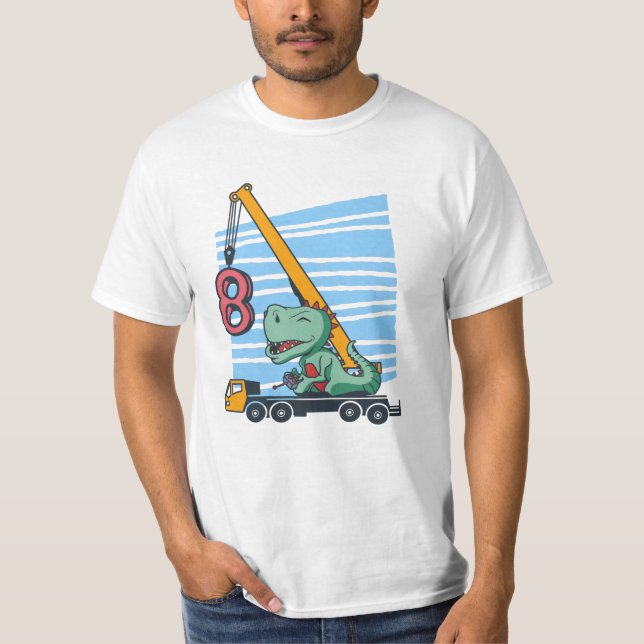8 Jahre 8. Geburtstag Mobilkrane Dinosaurier T-Shirt (Vorderseite)