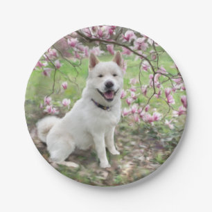 8 Paper Tellers White Akita & Magnolia Blooms Pappteller